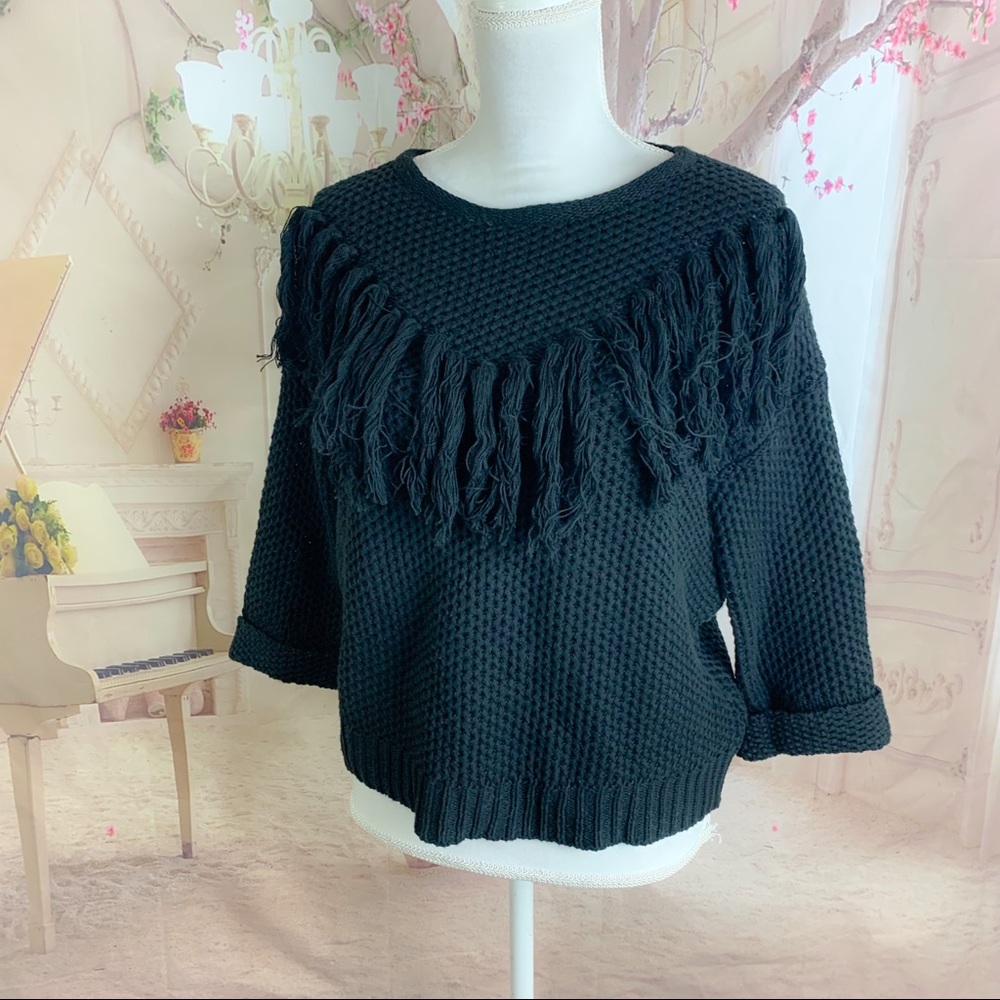 NEW Mustard Seed Black Fringe Sweater
